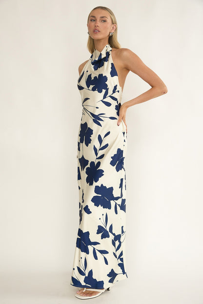 Elowis Cowl Halterneck Maxi Dress Floral Beige