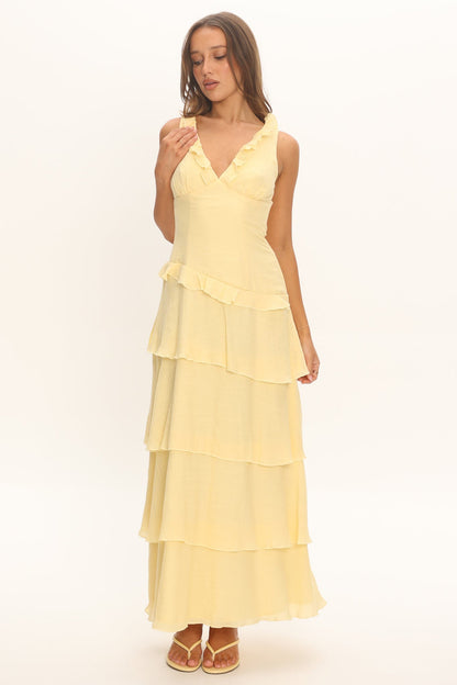 Khlara V-Neck Frill Trim Maxi Dress Butter