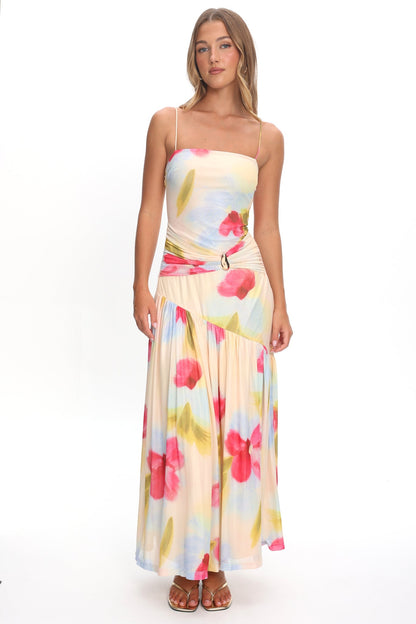 Azure Sun Drop Waist Split Maxi Dress Floral
