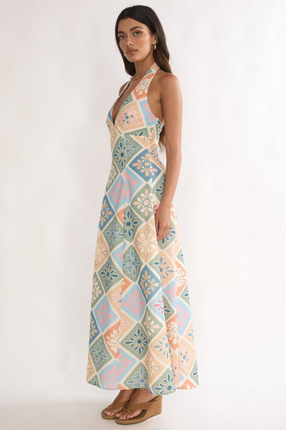 Nolara A-Line Halterneck Maxi Dress Green Multi