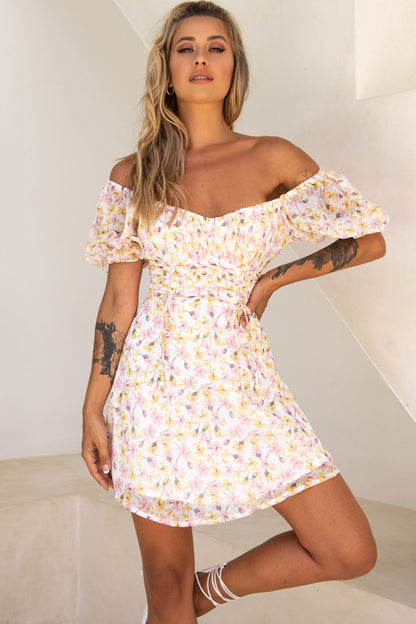 Bright Side Off-Shoulder Puff Sleeve Dress Floral Print Pink/Yellow
