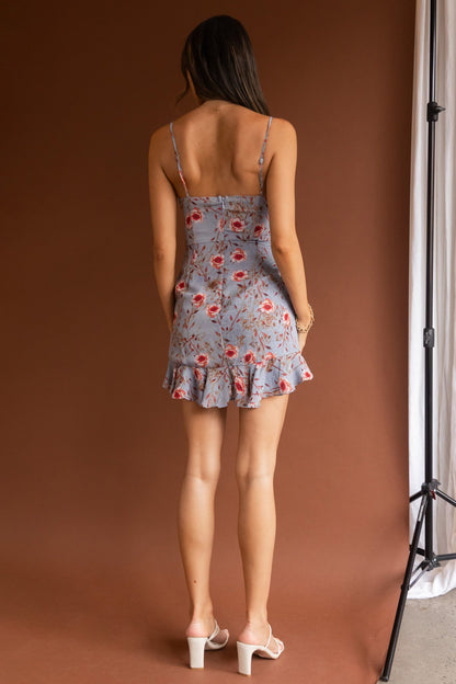 First Light Cami Strap Ruched Dress Floral Blue