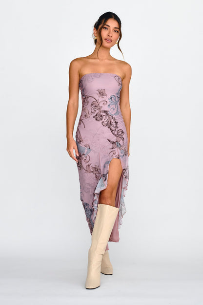 Shelby Strapless Ruffle Split Midi Dress Mauve