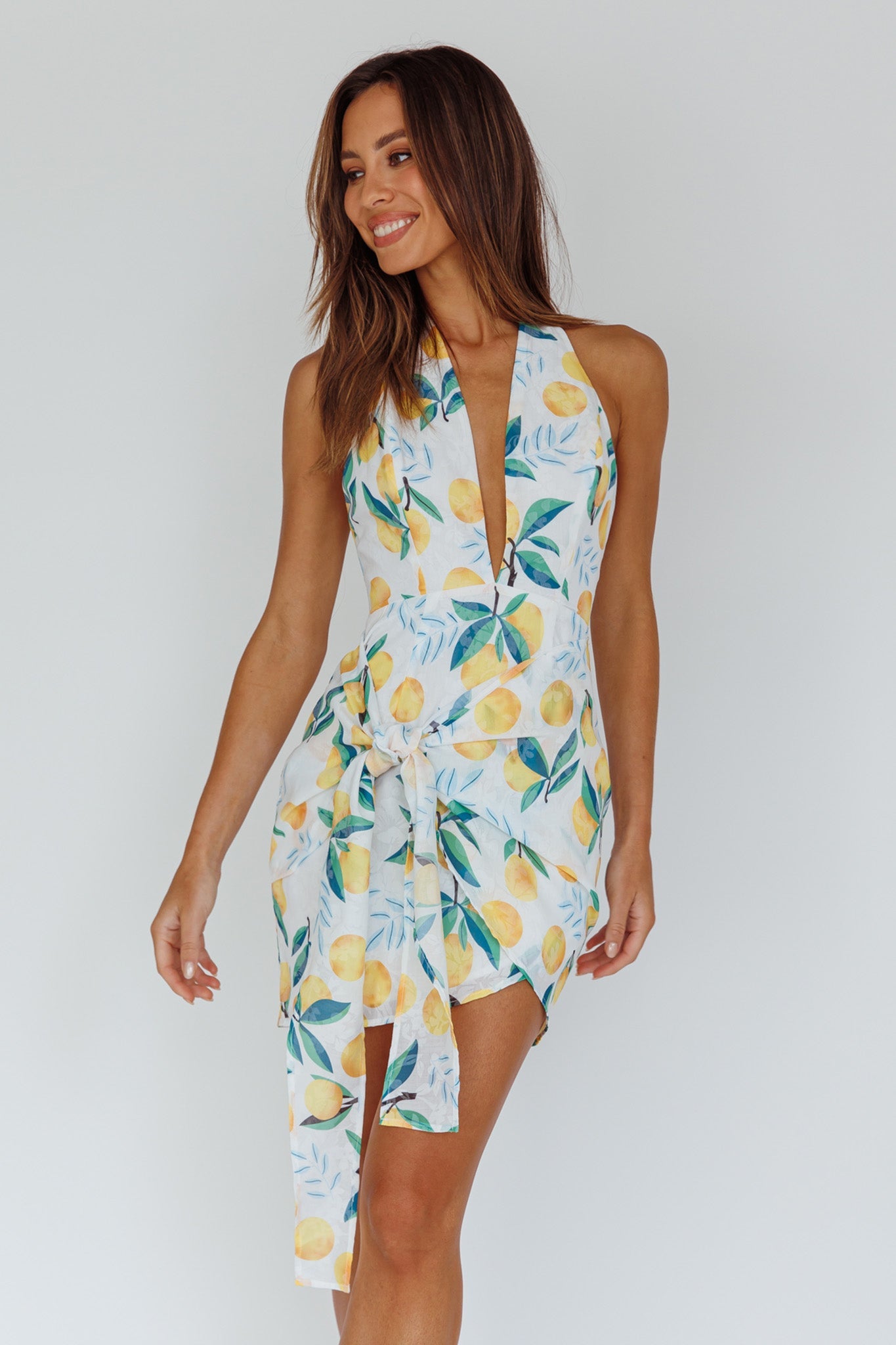 Euro Trip Halter Wrap Mini Dress Lemon