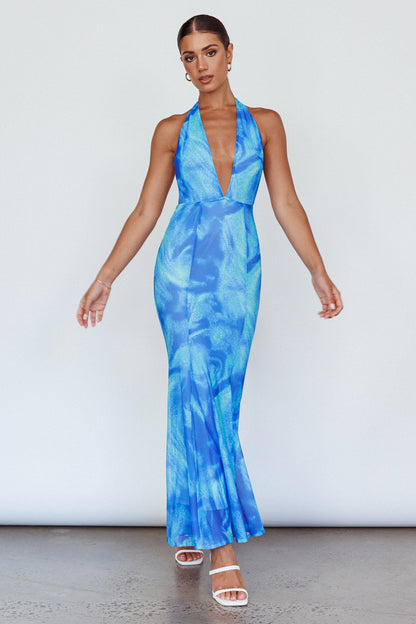 Mayah Halterneck Maxi Dress Printed Blue