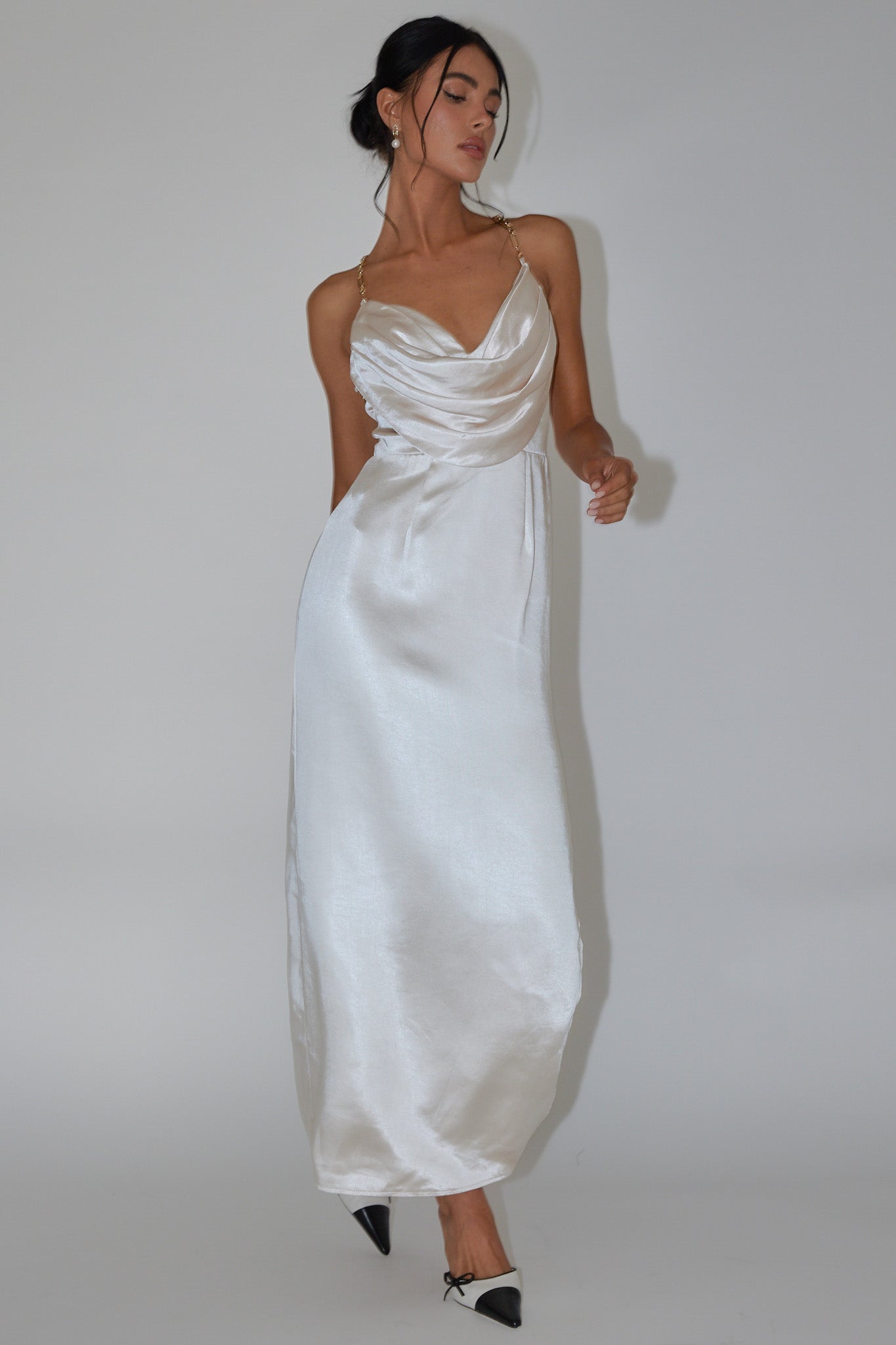 Emanuella Chain Strap Satin Midi Dress Champagne