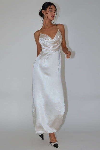 Emanuella Chain Strap Satin Midi Dress Champagne