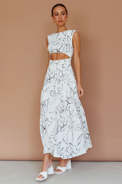 Shaniqua Cut-Out Sleeveless Midi Dress Print White