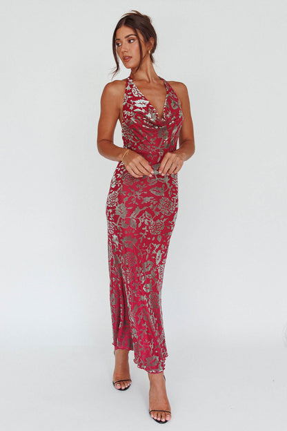 Byzantine Cowl Halterneck Midi Dress Floral Wine