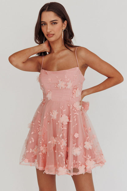 Athens Floral Bow Mini Dress Pink
