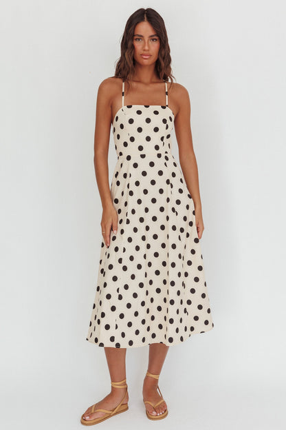 Second Glance Olga Criss-Cross Back Midi Dress Polka Dot Beige