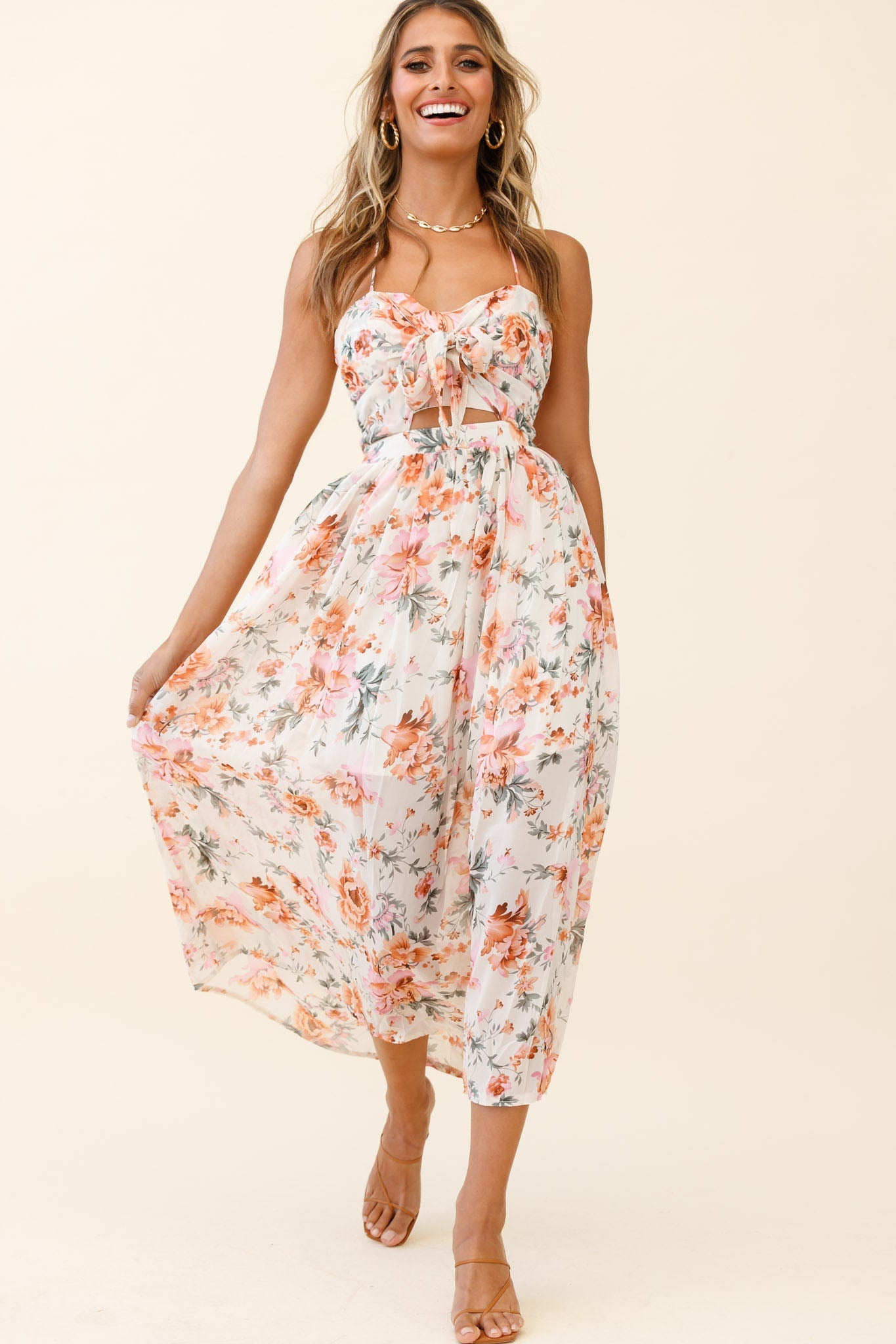 Los Feliz Tied Bust Halterneck Midi Dress Floral Print Pink