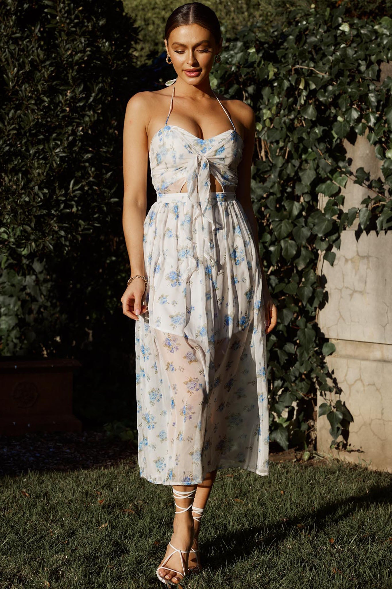 Los Feliz Tied Bust Halterneck Midi Dress Sheer Floral Blue