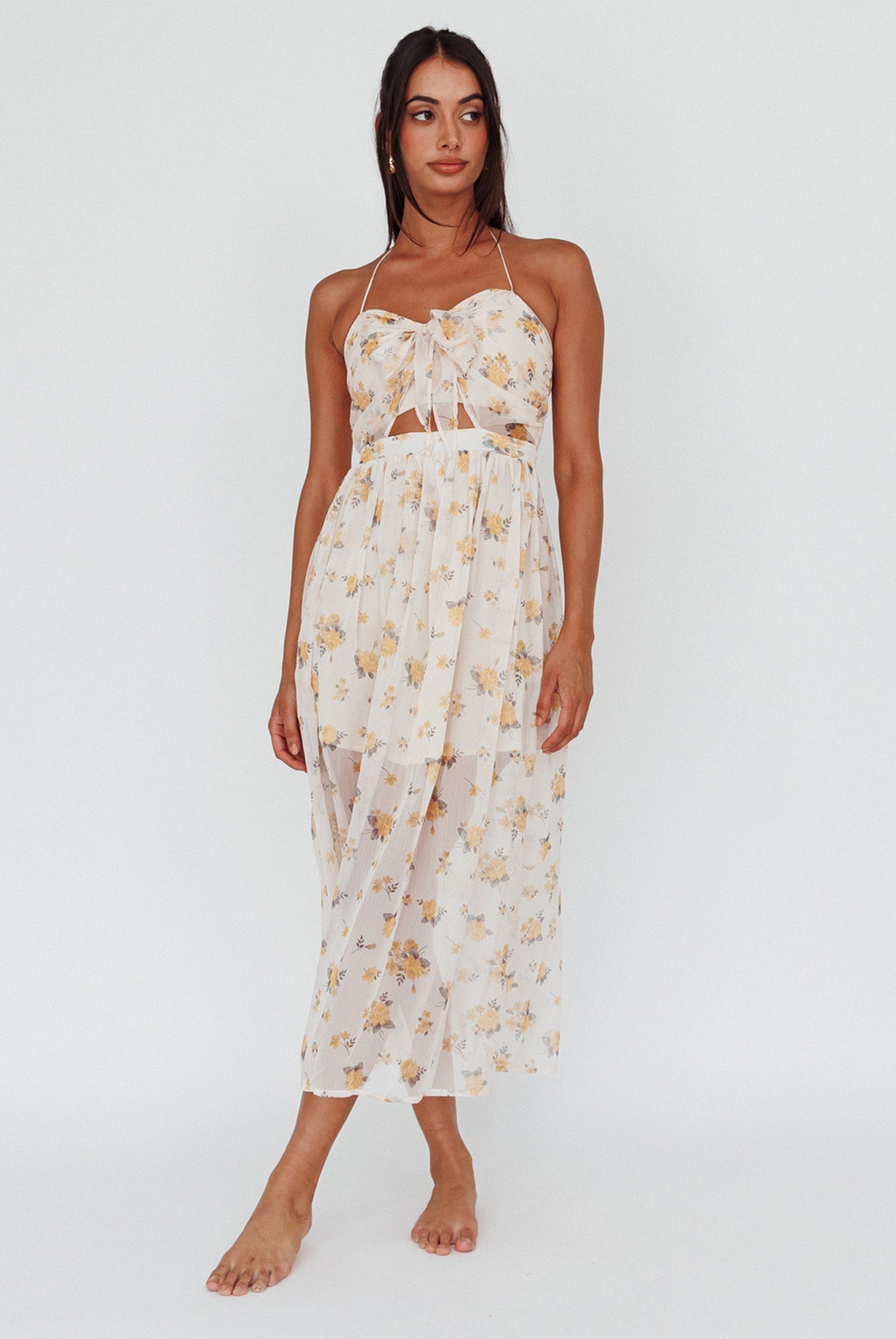 Los Feliz Tied Bust Halterneck Midi Dress Sheer Floral Yellow