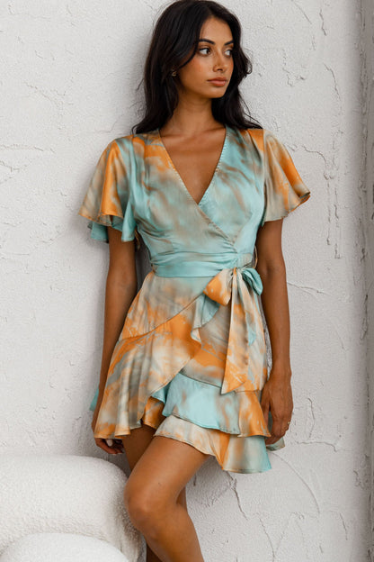 Cami Angel Sleeve Faux Wrap Dress Tie-Dye Print Aqua/Orange