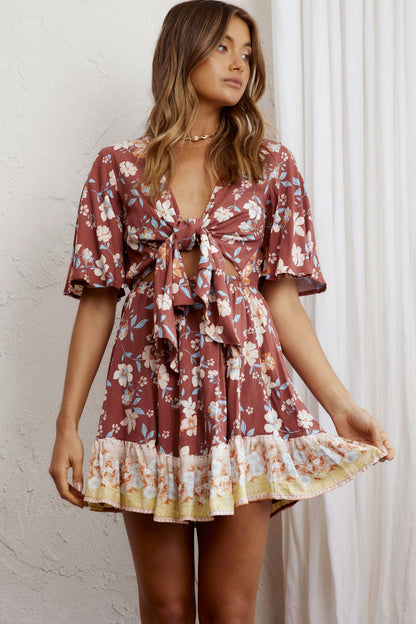 Suva Tie-Knot Bust A-Line Dress Floral Chocolate