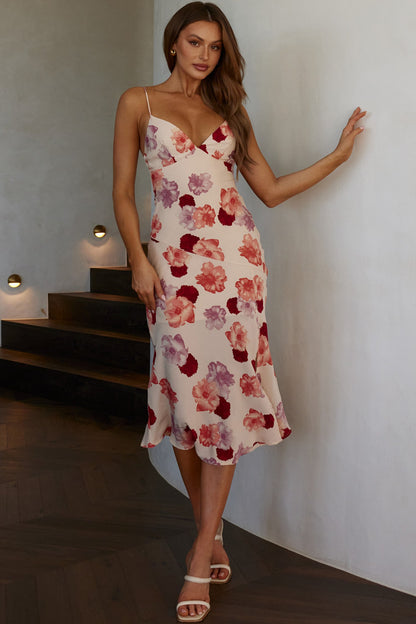 Downtown Cami Strap Front Split Midi Dress Flower Rose