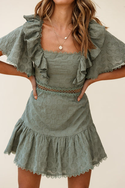 How Romantic Flounce Sleeve Lace-Up Back Dress Floral Embossed Olive
