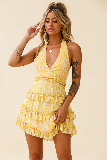 Venezuela Ruffle Trim Tie-Back Halterneck Dress Floral Print Yellow/White