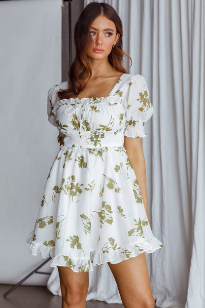Summer In Paris Puff Sleeve Open Back Dress Floral Olive