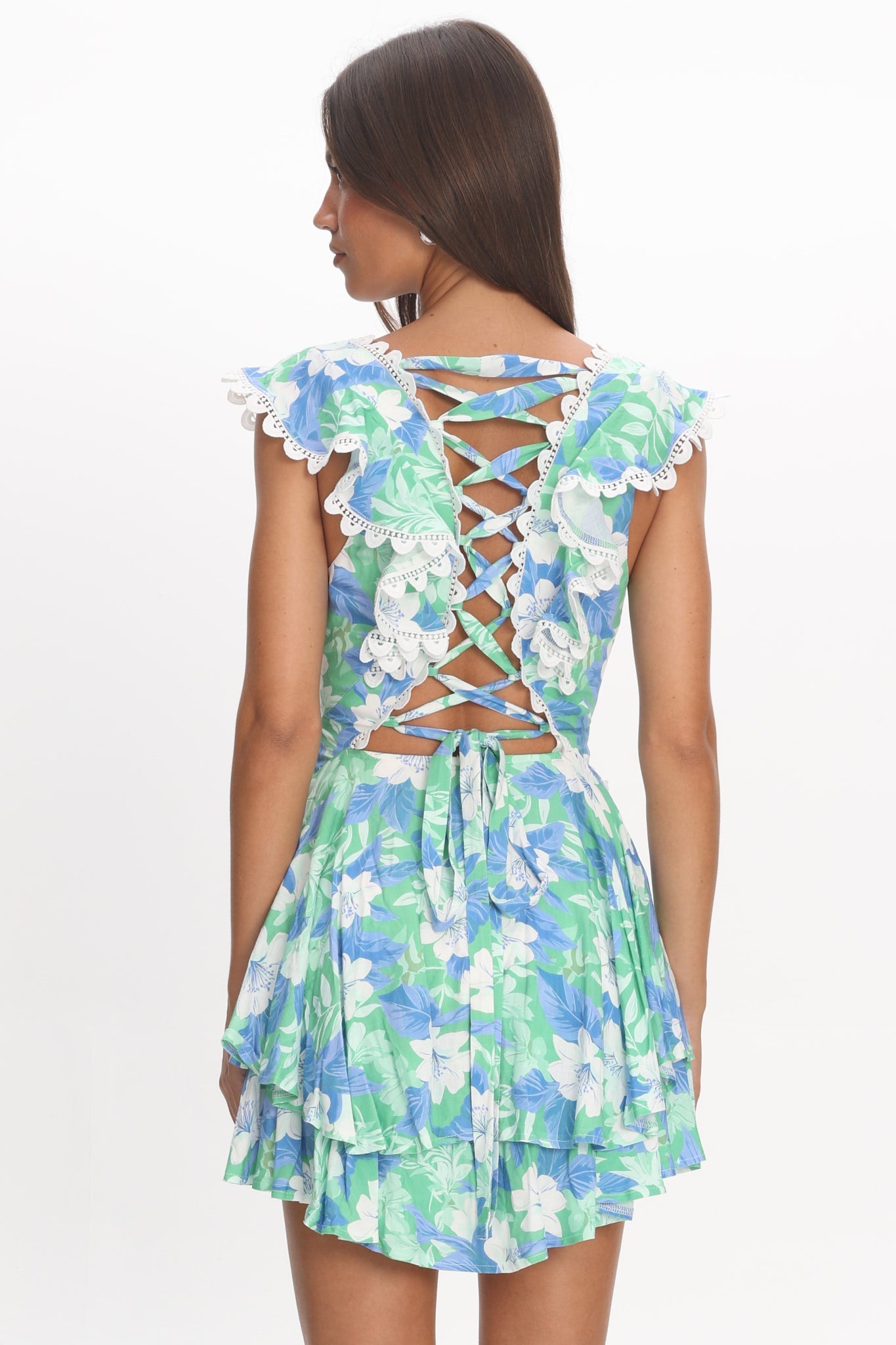 Charade Ruffle Shoulder Corset Back Dress Floral Green