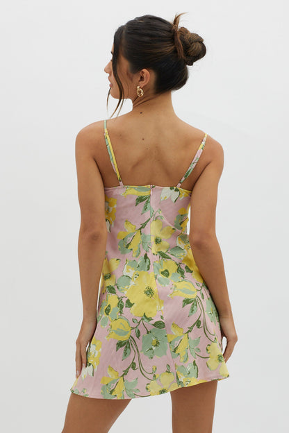 Fortune Lace Trim Bust Tie Mini Dress Floral Pink