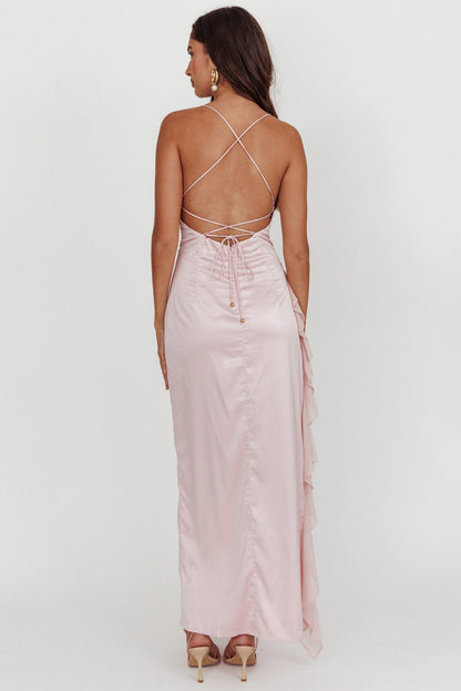 Katarina Satin Ruffle Hem Maxi Dress Cheek