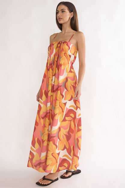 Lysette Pintuck Pleat Maxi Dress Print Orange