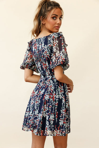 Cherub Puff Sleeve Sweetheart Neckline Dress Floral Print Navy