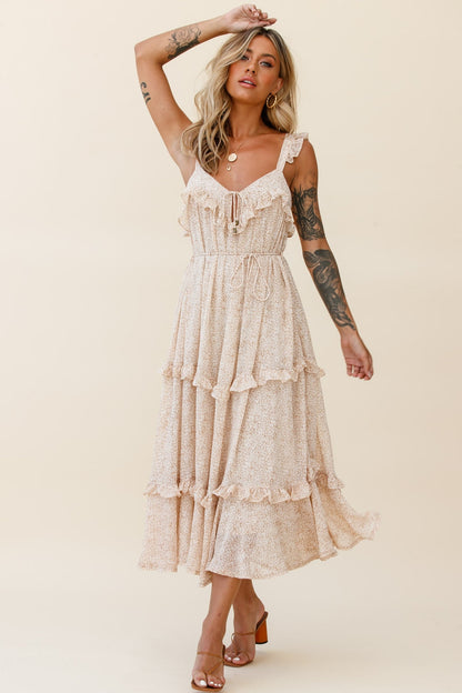 Priscilla Frill Detail Maxi Dress Floral Print Beige
