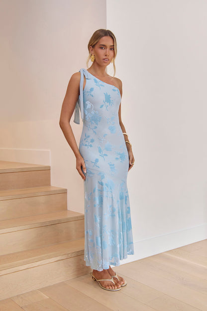 Waving Hello One Shoulder Maxi Dress Light Blue