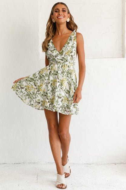Valerie Criss-Cross Back V-Neckline Dress Leaf Print White