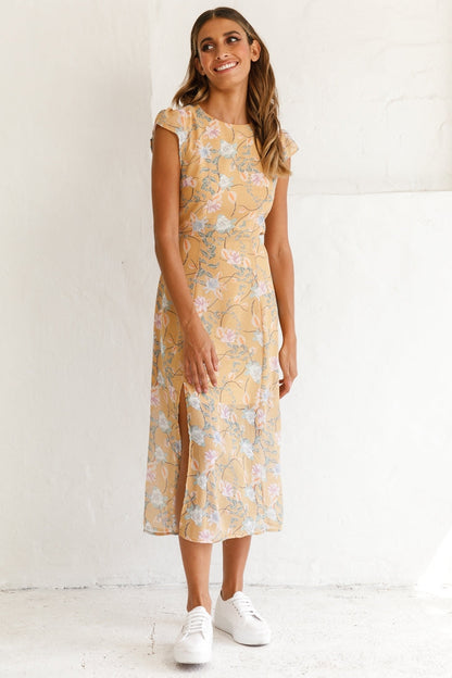 Becky Cap Sleeve Crew Neck Midi Dress Floral Print Mustard