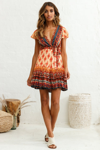 Mayan Angel Sleeve Waist Tie Dress Red Print