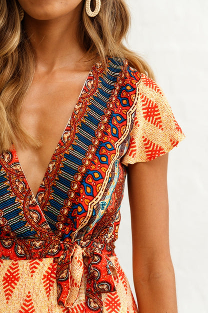Mayan Angel Sleeve Waist Tie Dress Red Print